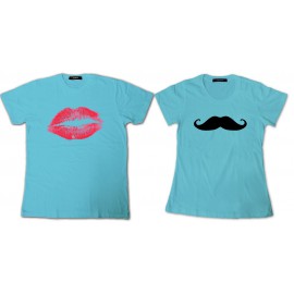 Tee Shirt pour couple swag moustache et lèvres - Pack homme et femme turquoise mixtes tous ages