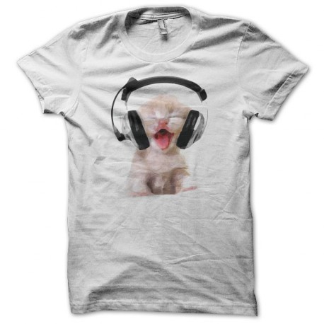 Tee shirt Bébé chat avec casque qui miaule blanc