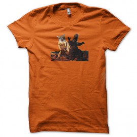 tee shirt Godzilla vs cat orange