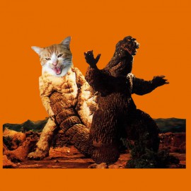tee shirt Godzilla vs cat orange